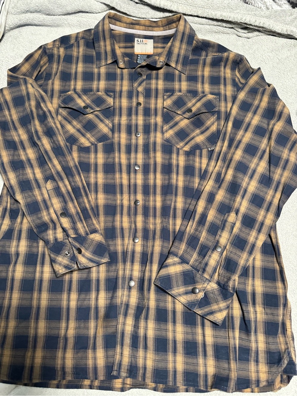 5.11 Tactical Navy and Tan Plaid Long-Sleeve Button Down Shirt